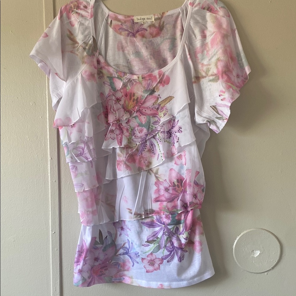 White and Pink Ruffled Floral Cap Sleeve Blouse
